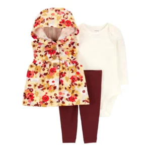 Conjunto de Bebê Carter's 3 Peças – Colete Floral com Capuz